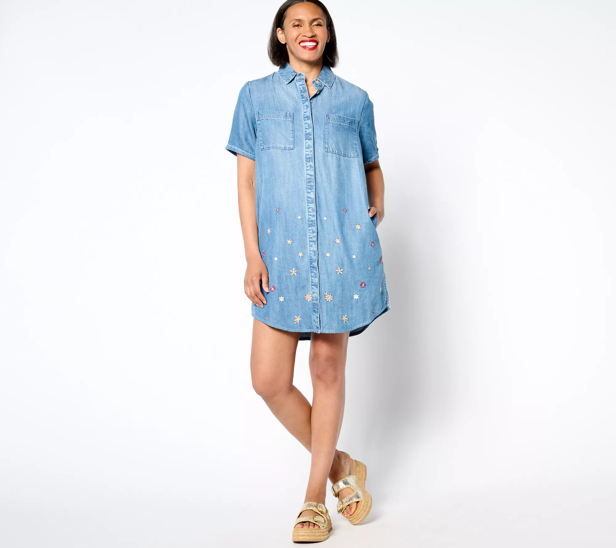 "As Is" Driftwood Jeans Embroidered Short Sleeve Mabel Dress