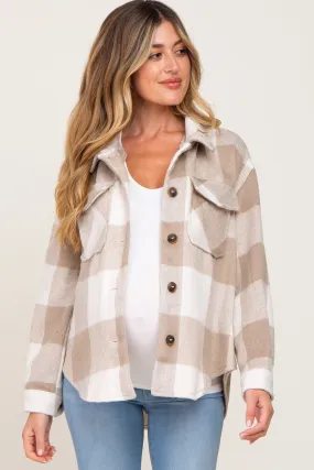 Beige Plaid Knit Maternity Shirt Jacket