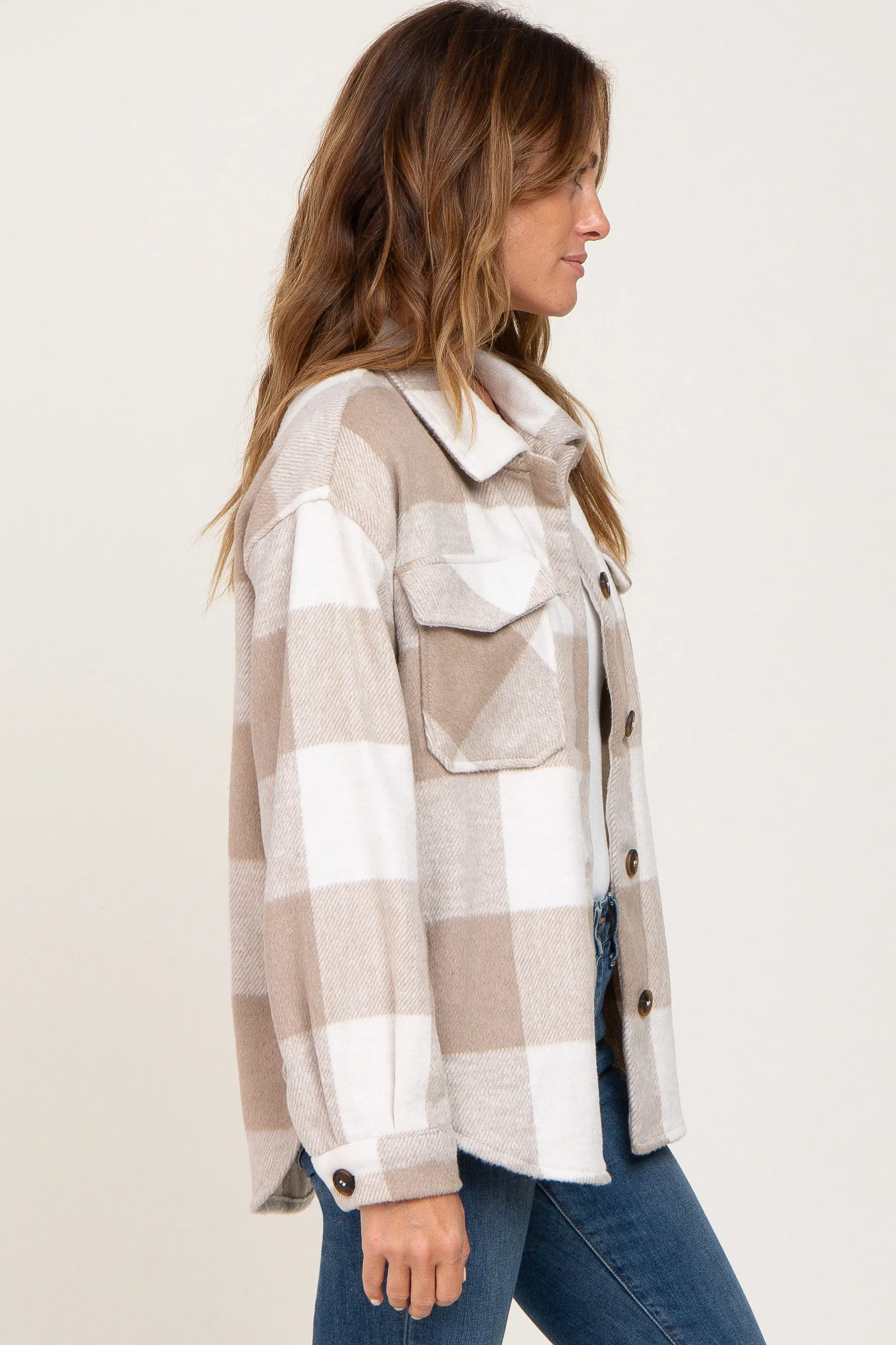 Beige Plaid Knit Shirt Jacket