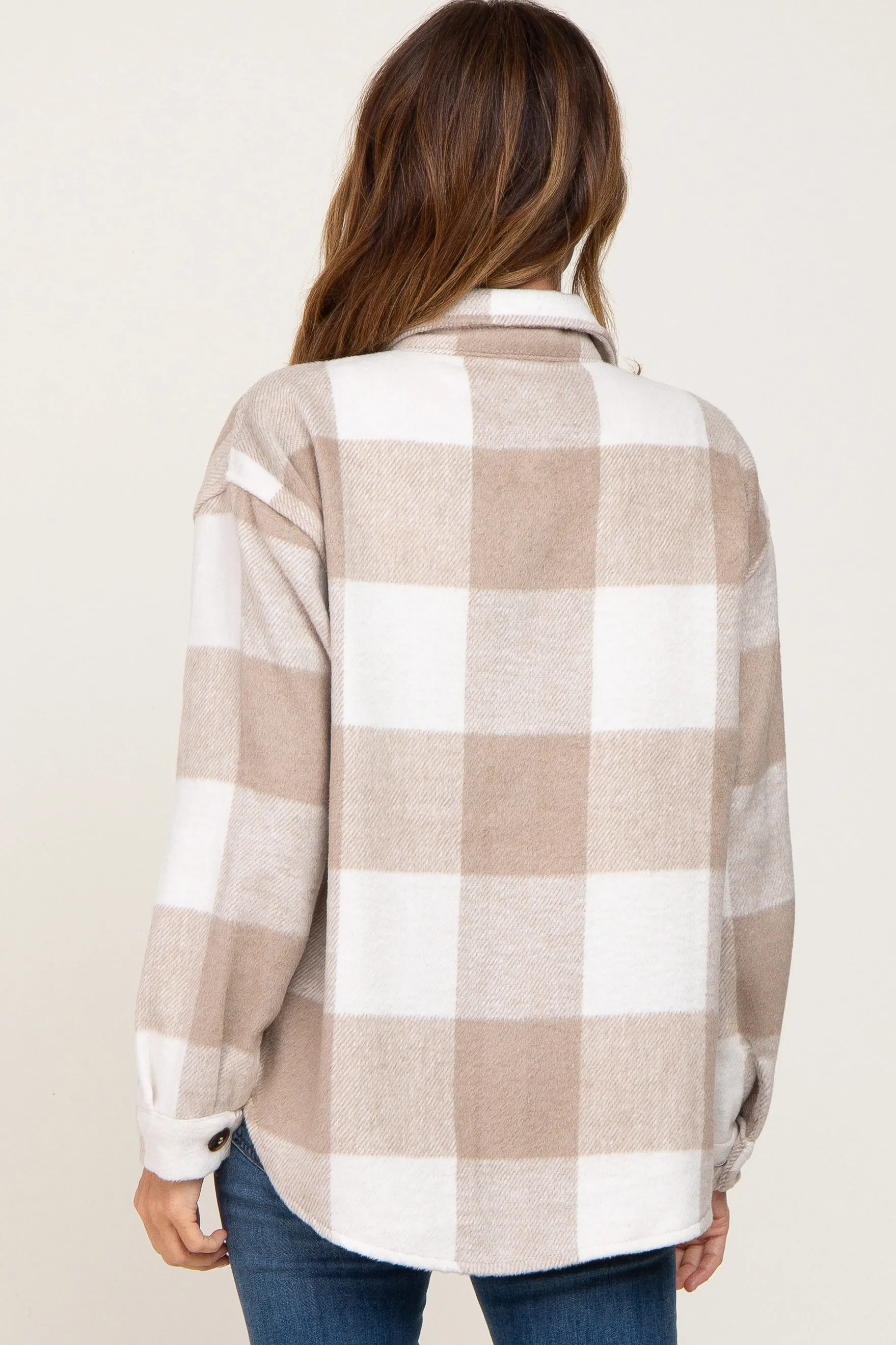 Beige Plaid Knit Shirt Jacket