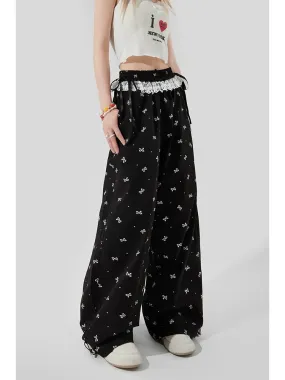 Black bow lace wide leg pants for women summer new polka dot print high waist slim casual long pants