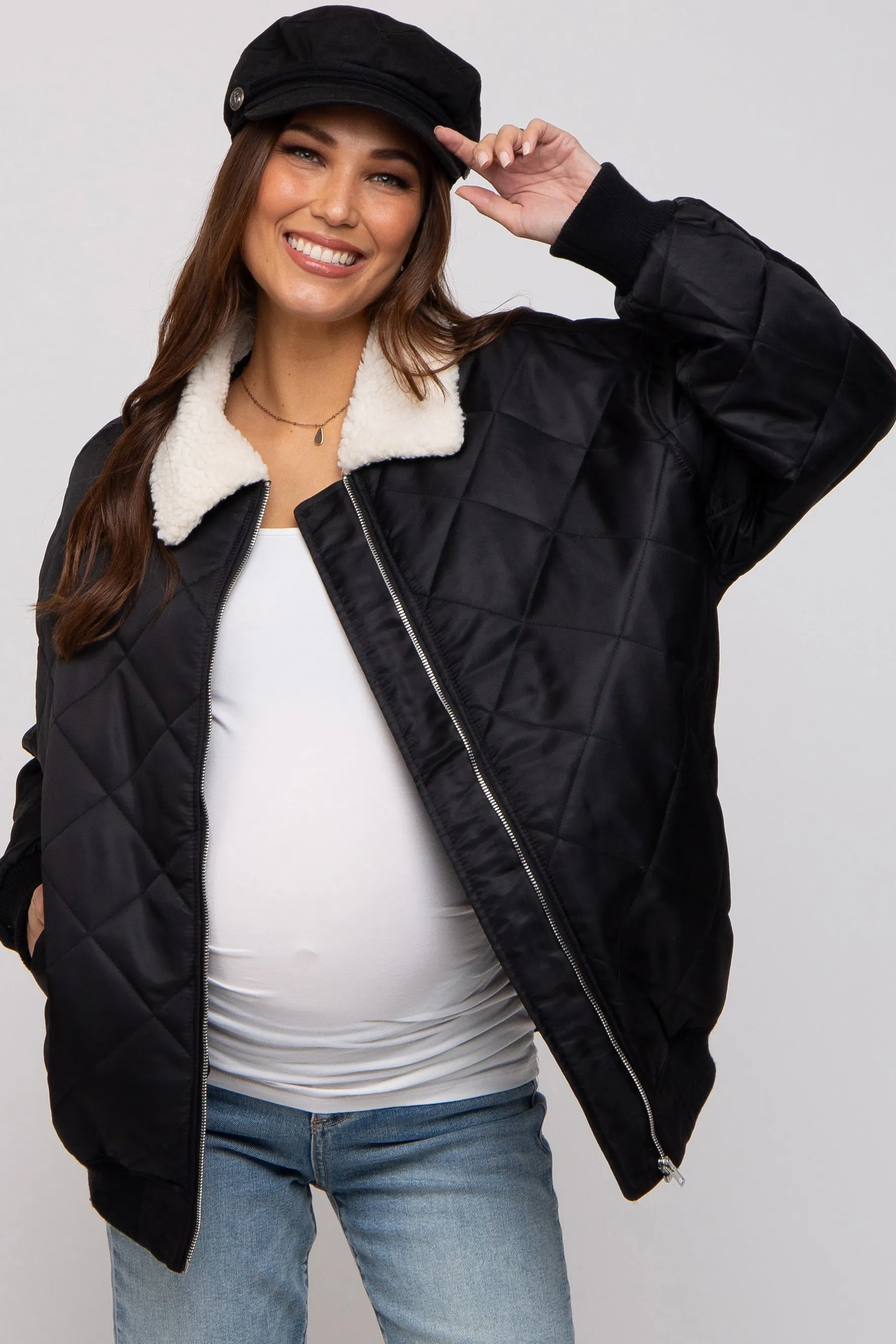 Black Quilted Sherpa Collar Maternity Jacket