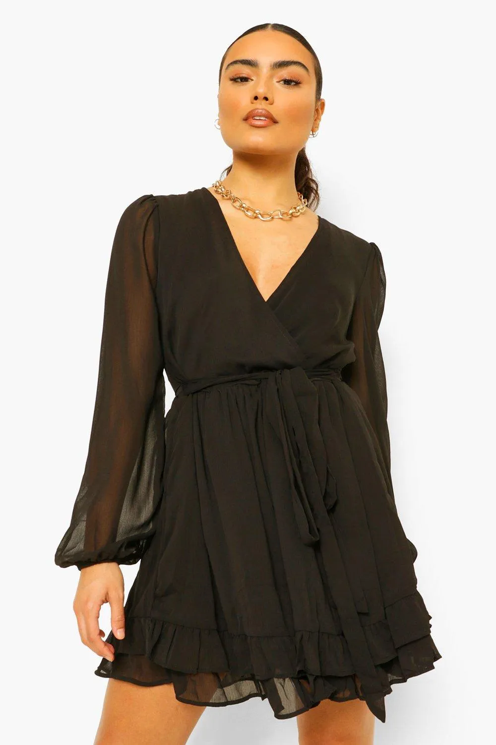 Chiffon Wrap Belted Ruffle Skater Dress