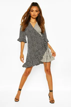 Contrast Smudge Print Frill Hem Wrap Skater Dress