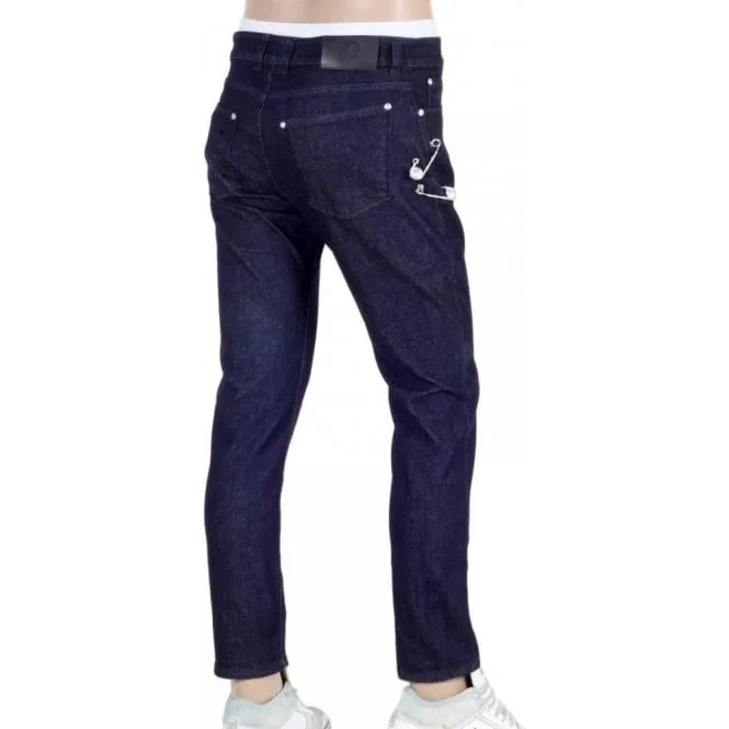 Dark Indigo Blue Slim Fit Low Waist Jeans with Lion Head Adorned Removable Safety Pins