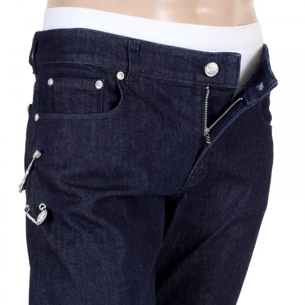 Dark Indigo Blue Slim Fit Low Waist Jeans with Lion Head Adorned Removable Safety Pins