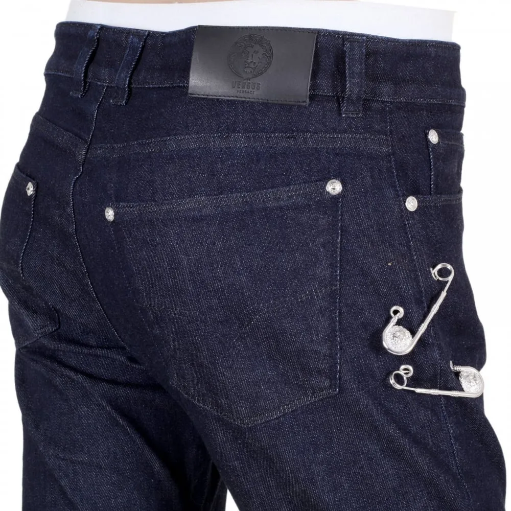 Dark Indigo Blue Slim Fit Low Waist Jeans with Lion Head Adorned Removable Safety Pins