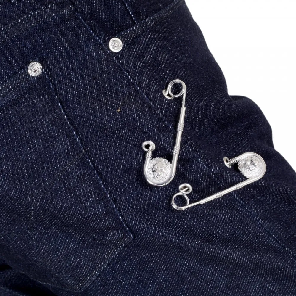 Dark Indigo Blue Slim Fit Low Waist Jeans with Lion Head Adorned Removable Safety Pins