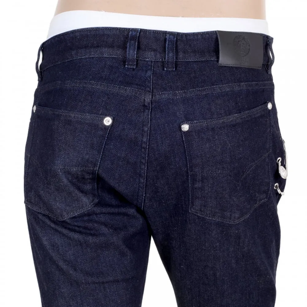 Dark Indigo Blue Slim Fit Low Waist Jeans with Lion Head Adorned Removable Safety Pins