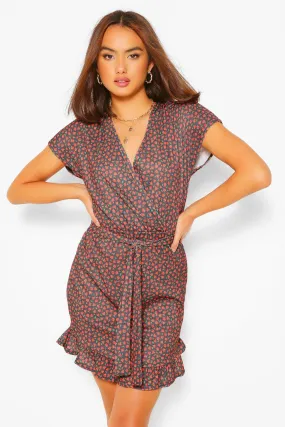 Ditsy Floral Rib Wrap Front Tea Dress