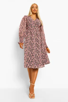 Ditsy Floral Shirred Sleeve Sleeve Wrap Midi Dress