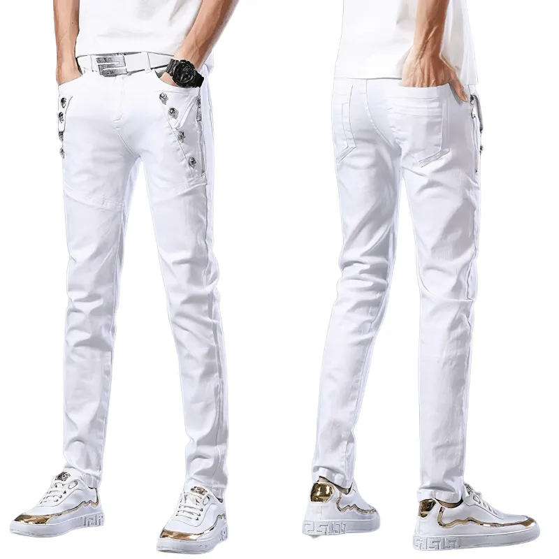 Fashion Male Zipper White Jeans / Lightweight Elastic Slim Fit Denim Pencil Pants for Men