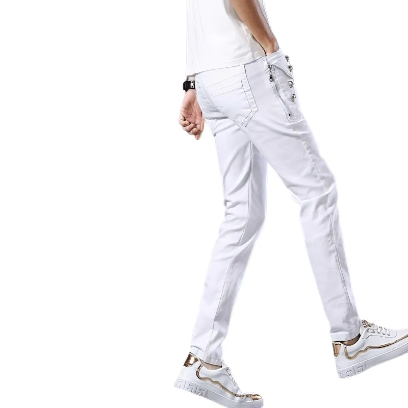 Fashion Male Zipper White Jeans / Lightweight Elastic Slim Fit Denim Pencil Pants for Men