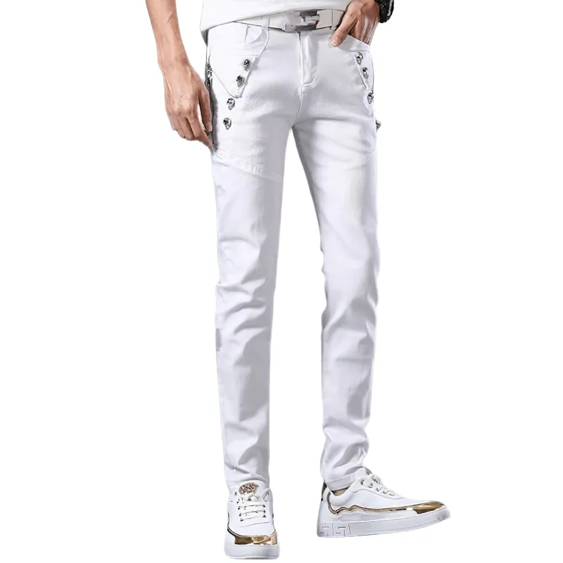 Fashion Male Zipper White Jeans / Lightweight Elastic Slim Fit Denim Pencil Pants for Men