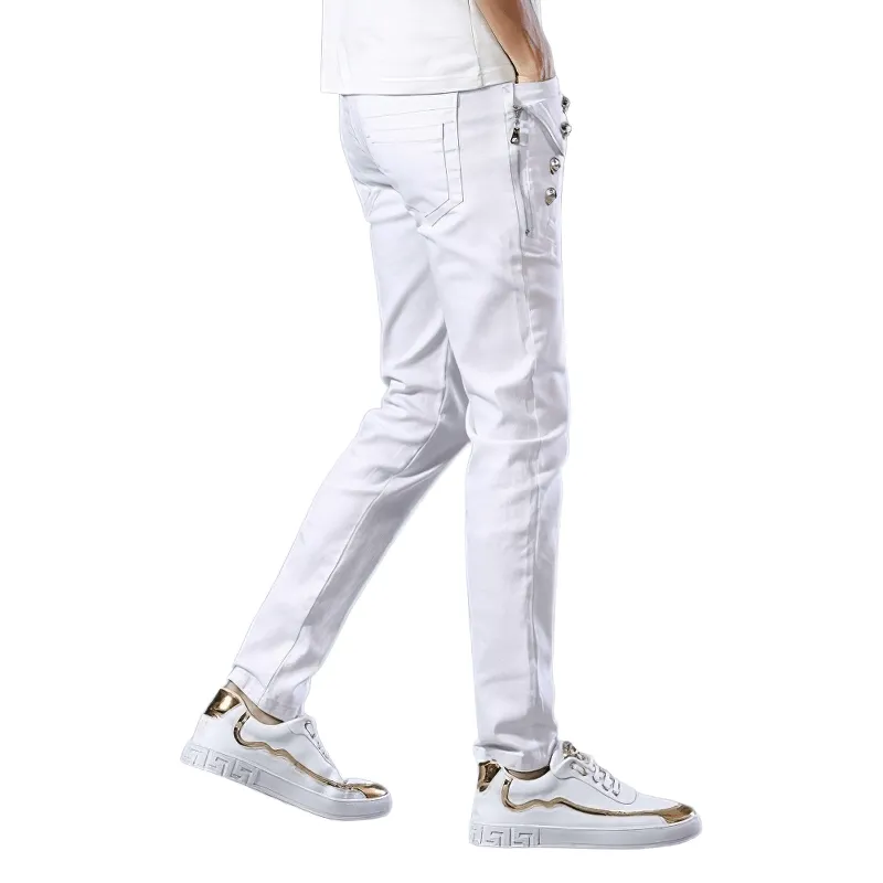 Fashion Male Zipper White Jeans / Lightweight Elastic Slim Fit Denim Pencil Pants for Men