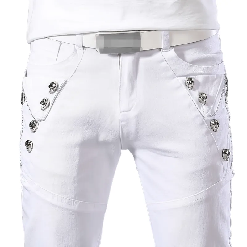 Fashion Male Zipper White Jeans / Lightweight Elastic Slim Fit Denim Pencil Pants for Men