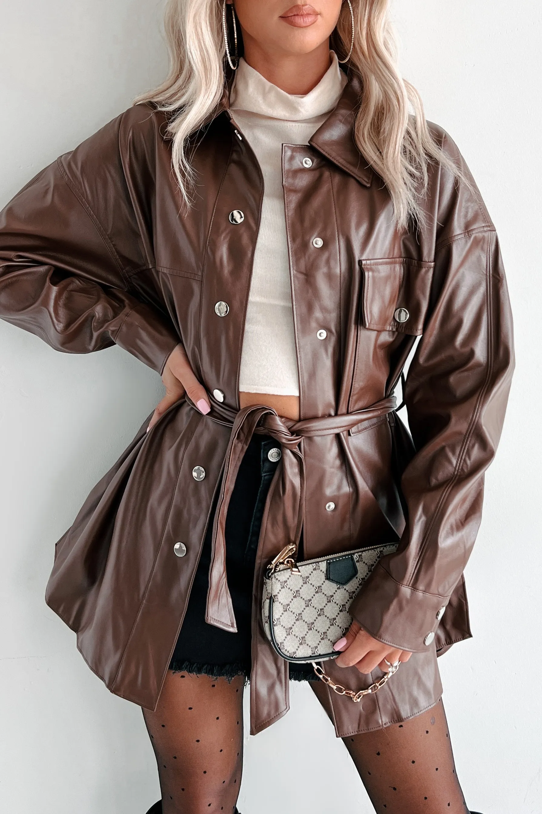 Feeling Fearless Faux Leather Belted Jacket (Brown)