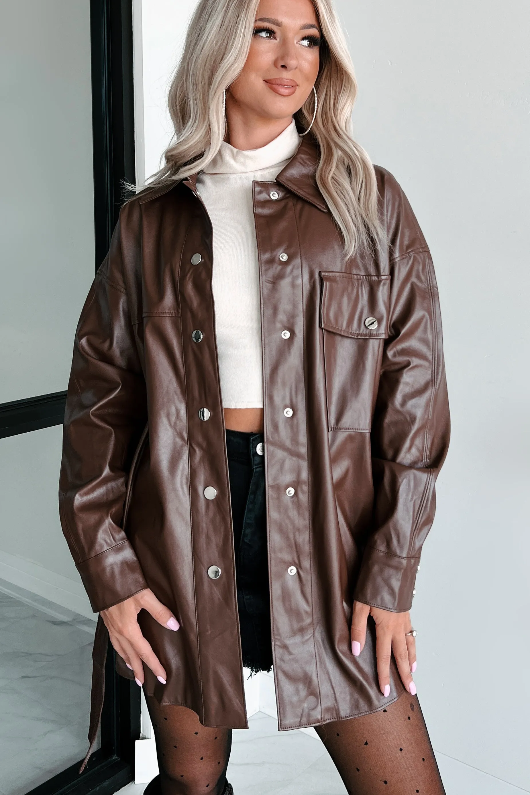 Feeling Fearless Faux Leather Belted Jacket (Brown)