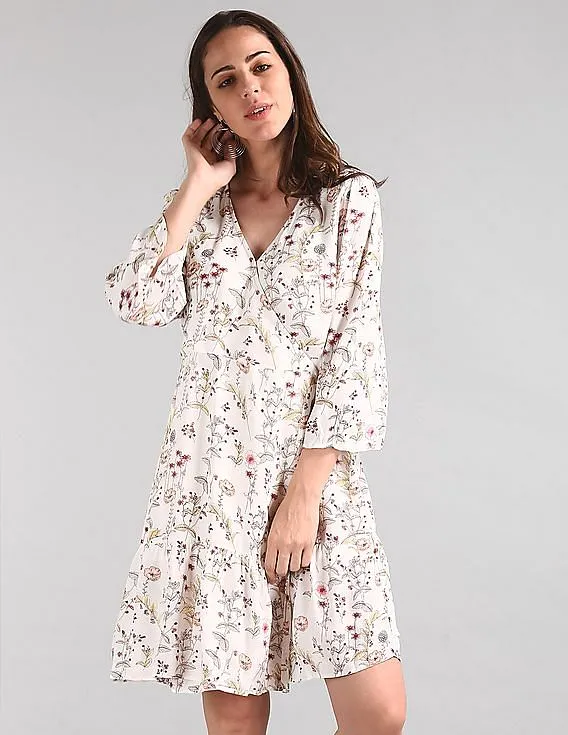 GAP Women White Floral Print Wrap Dress