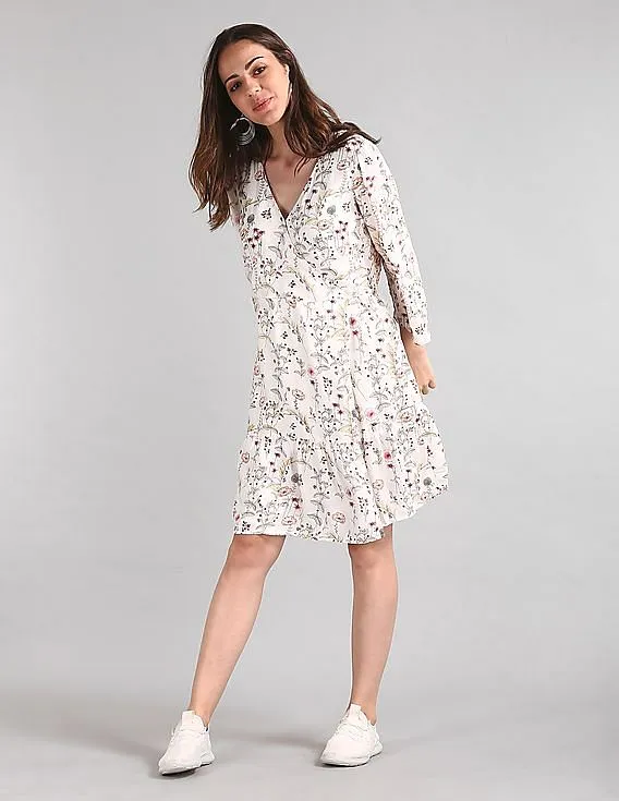 GAP Women White Floral Print Wrap Dress