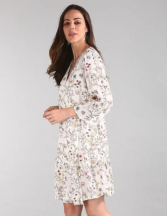 GAP Women White Floral Print Wrap Dress