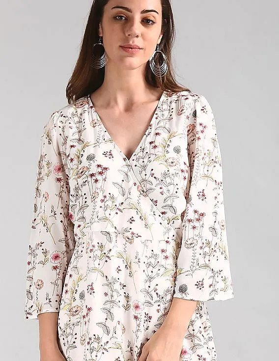 GAP Women White Floral Print Wrap Dress