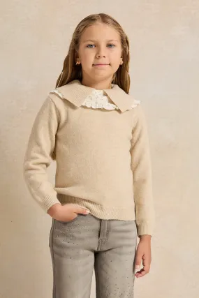 Girls Beige Collared Pullover