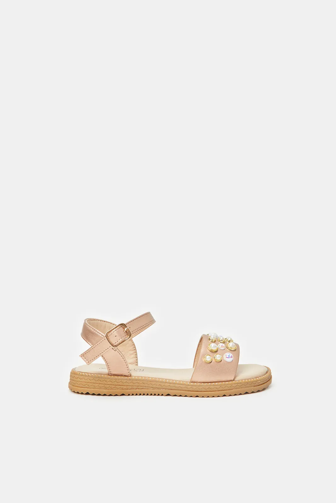 Girls Tan Pearl Embellished Sandals