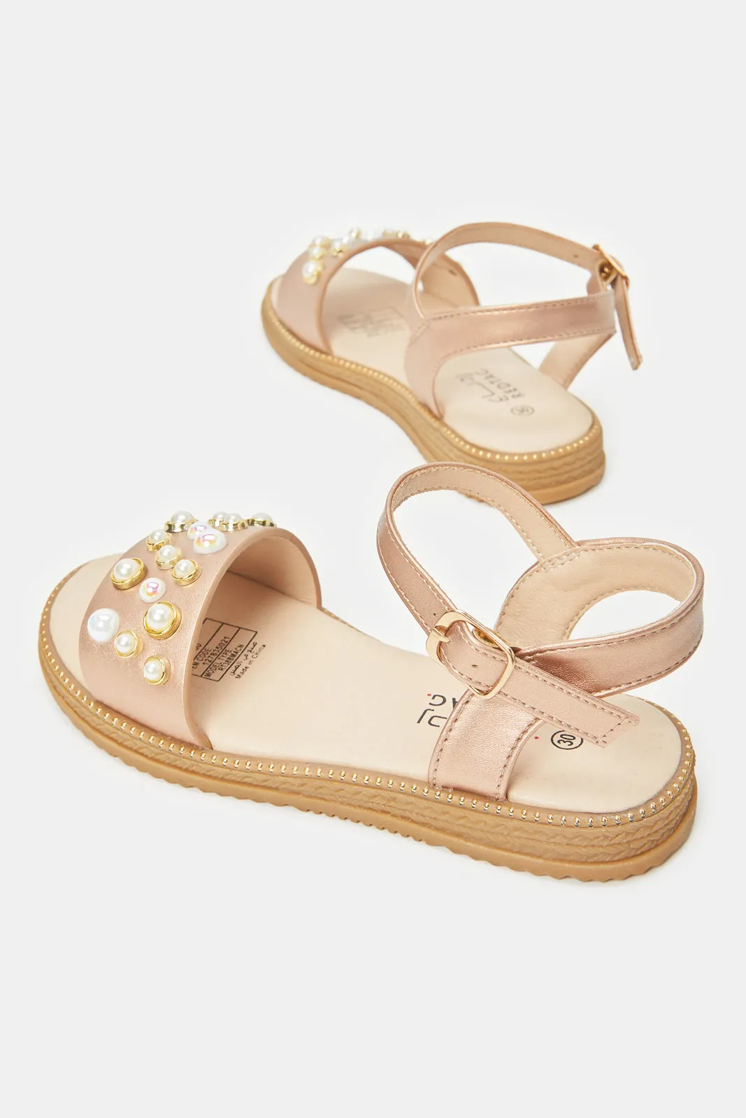 Girls Tan Pearl Embellished Sandals