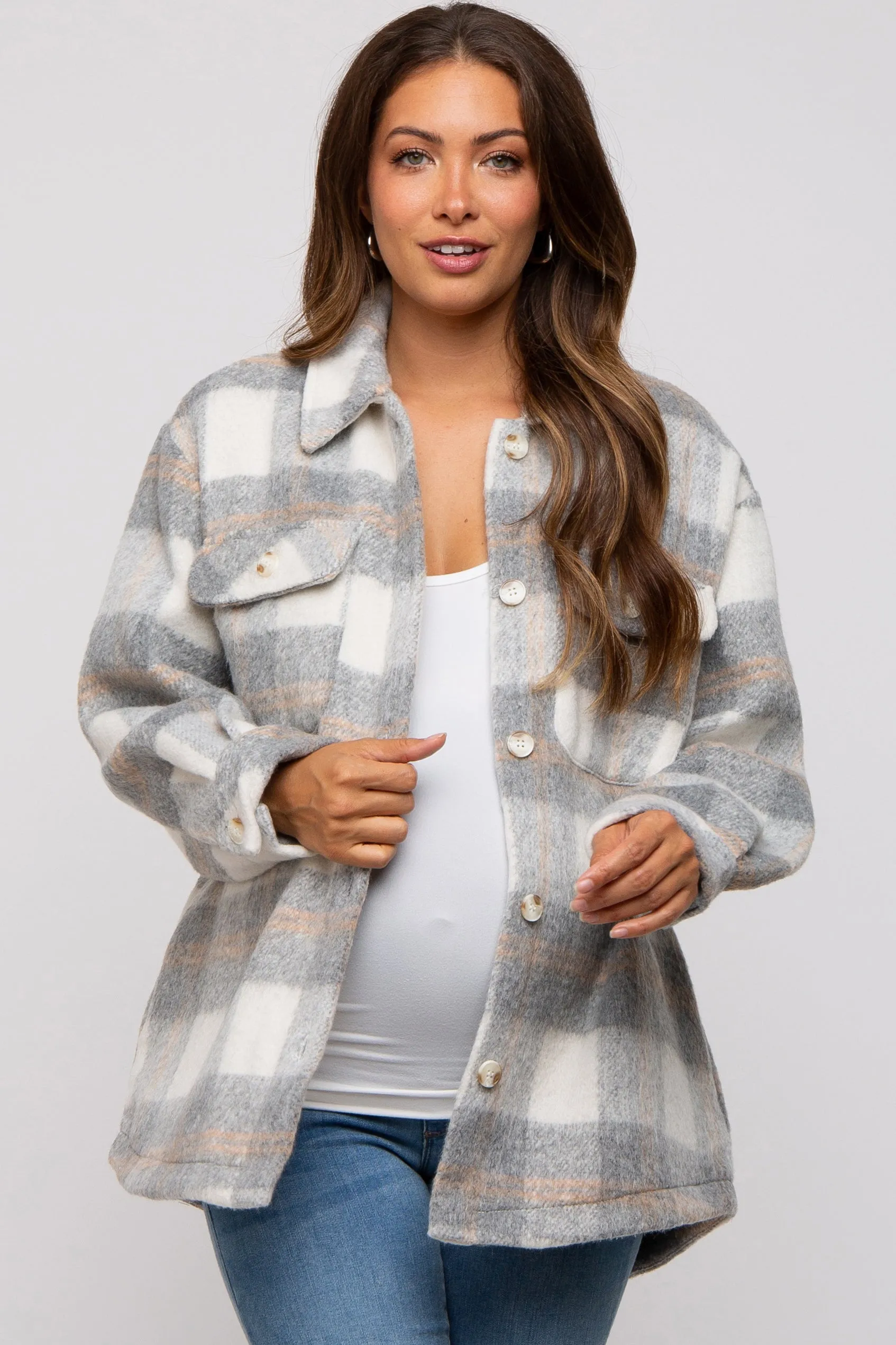 Heather Grey Plaid Fuzzy Button Up Maternity Jacket