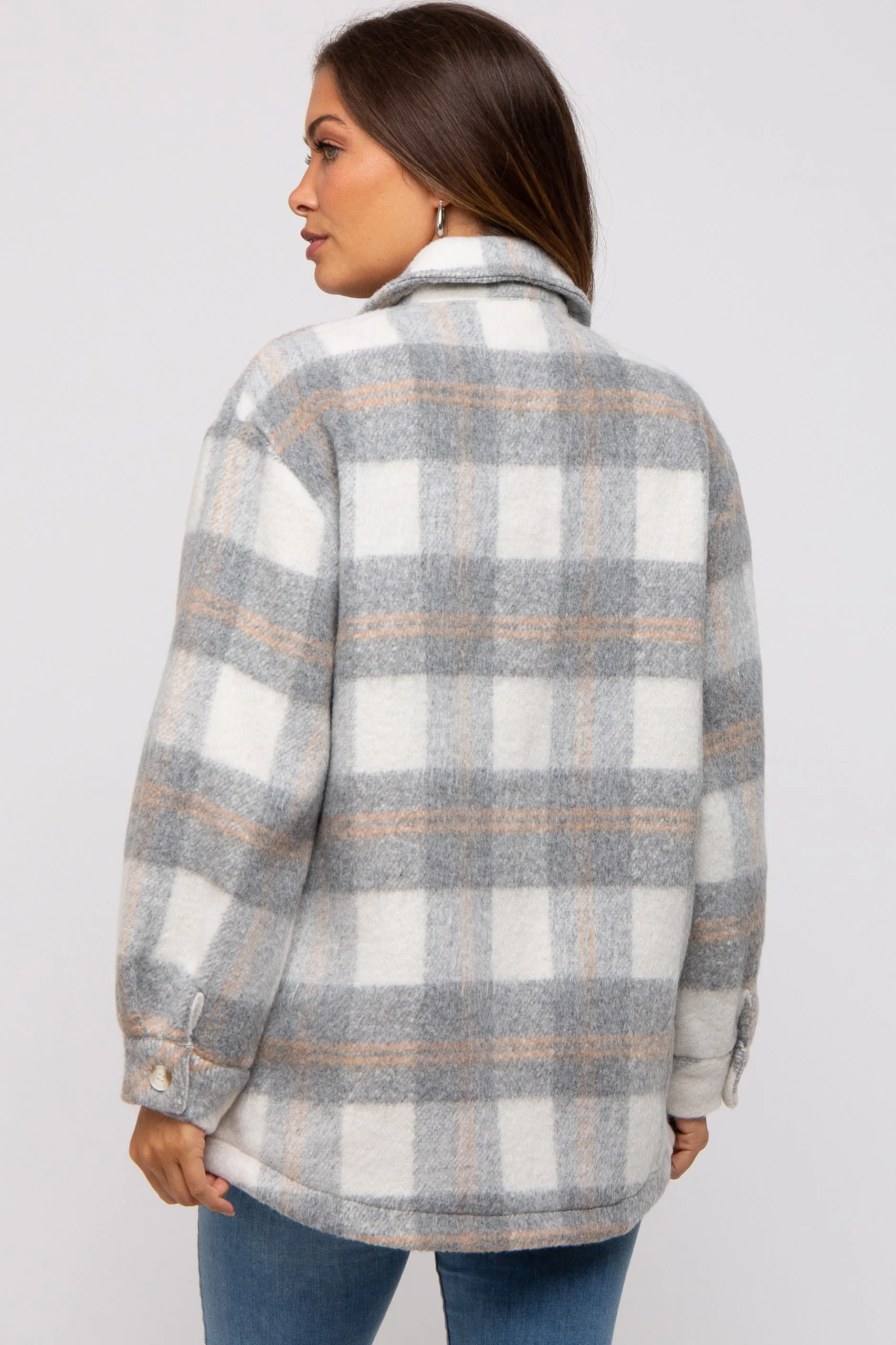 Heather Grey Plaid Fuzzy Button Up Maternity Jacket