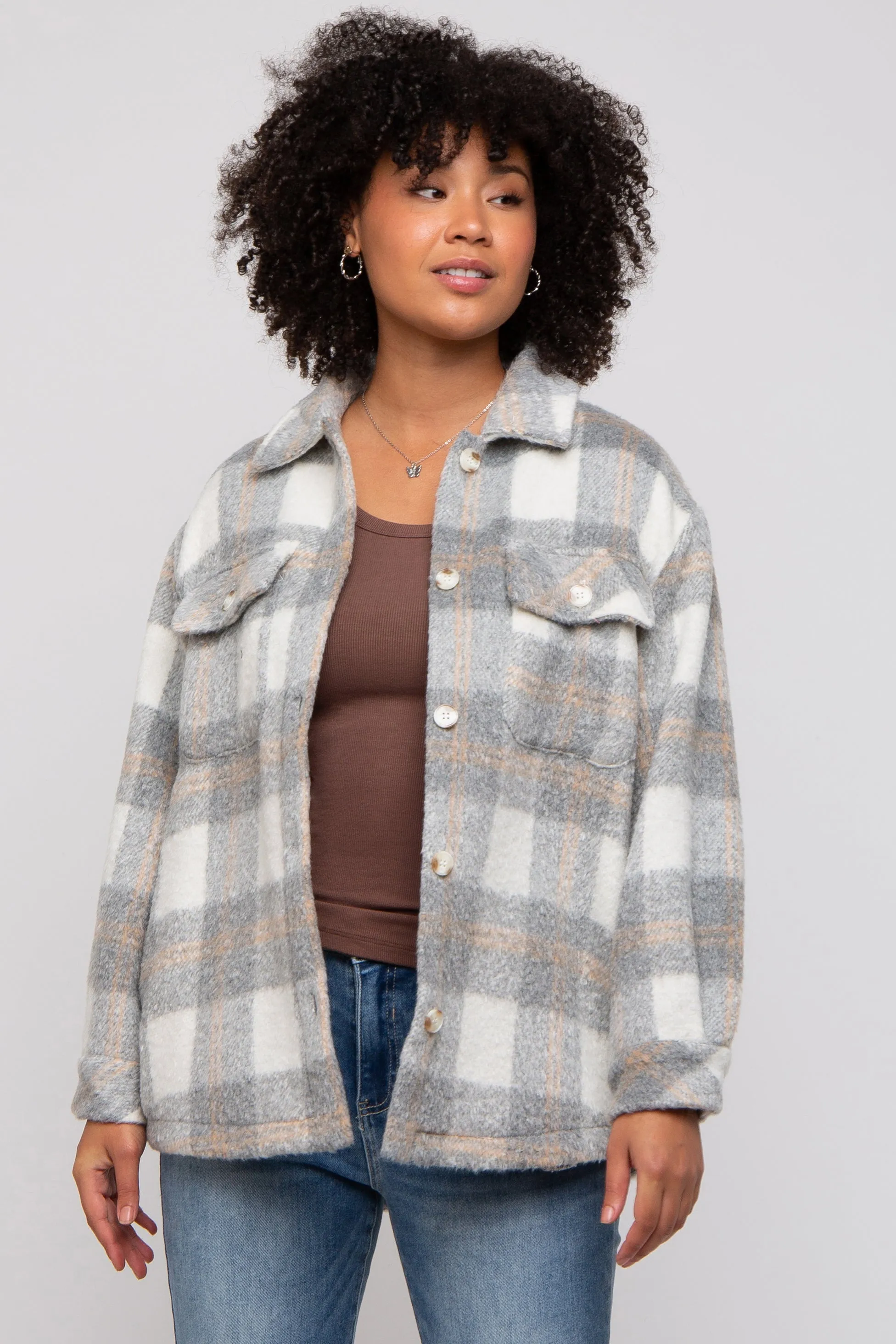 Heather Grey Plaid Fuzzy Button Up Maternity Jacket