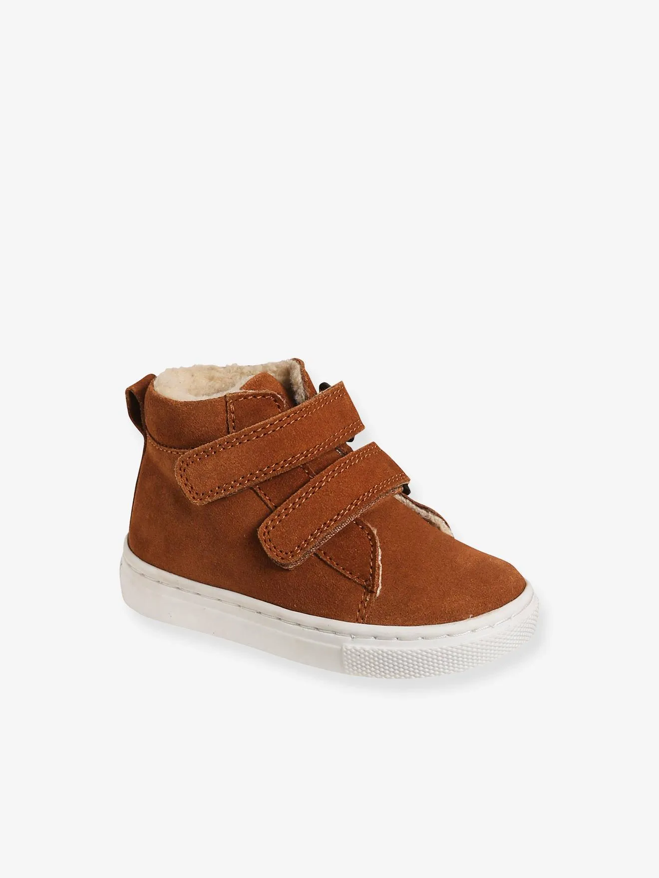 High-Top Unisex Furry Trainers in Leather for Babies - brown medium solid