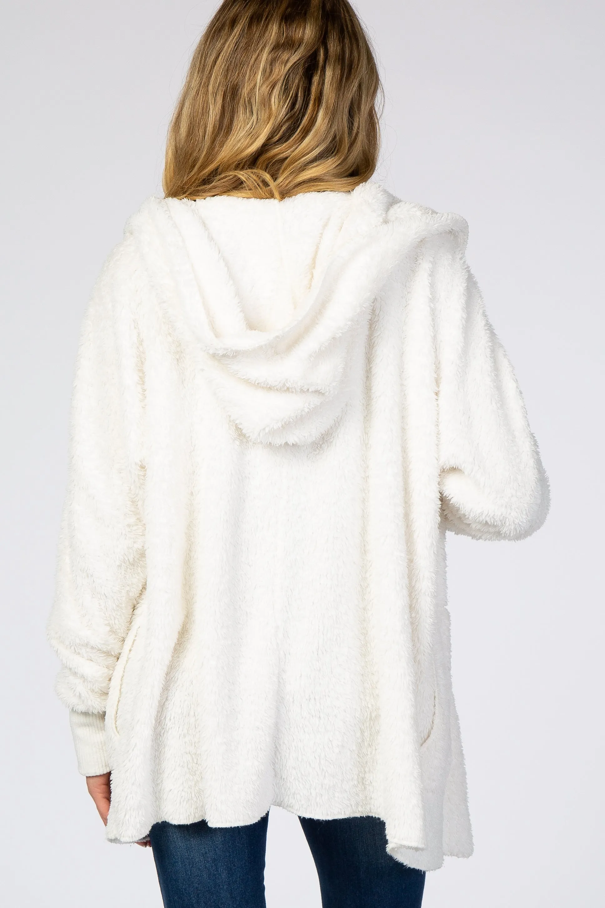 Ivory Fuzzy Hooded Long Sleeve Maternity Jacket