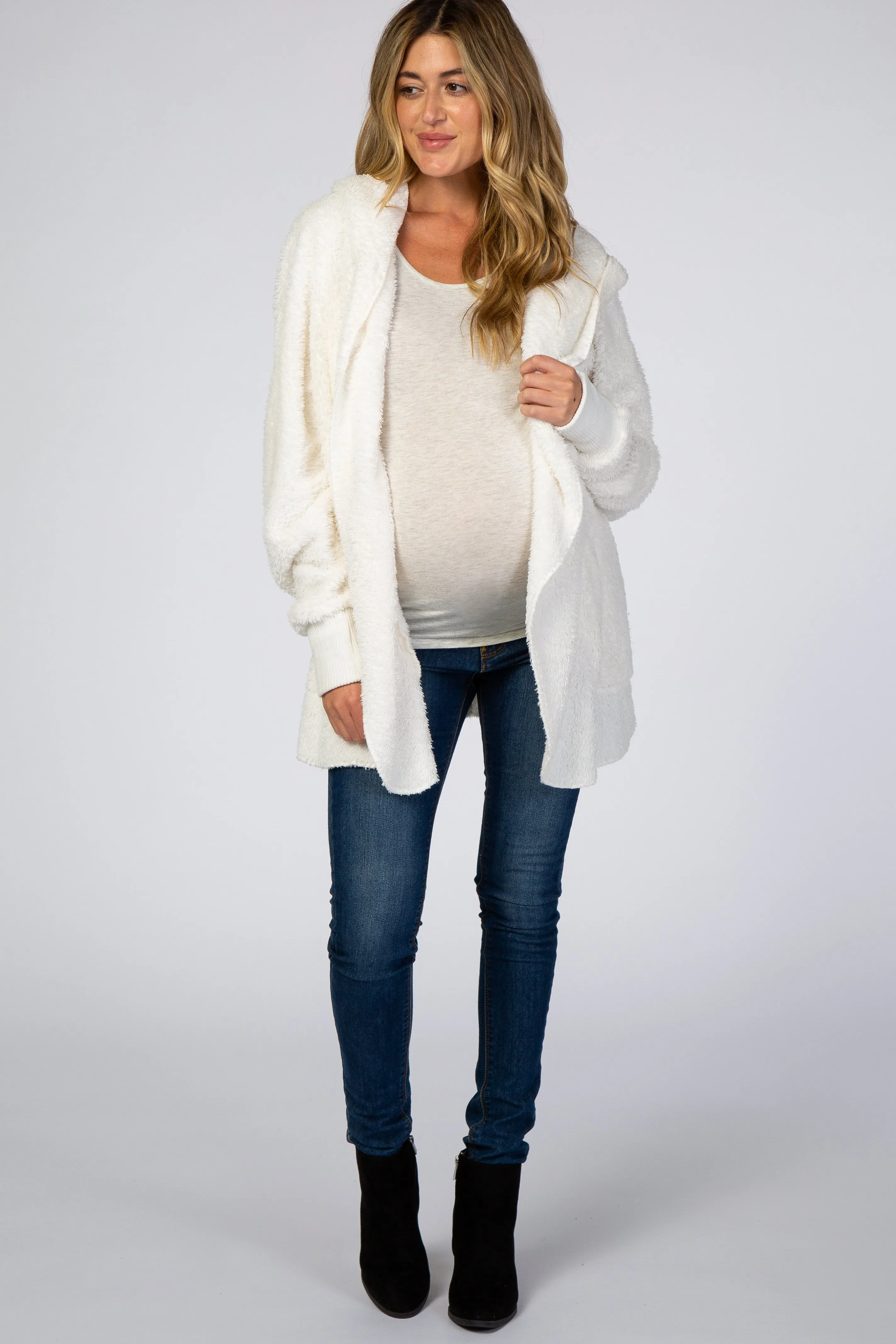 Ivory Fuzzy Hooded Long Sleeve Maternity Jacket