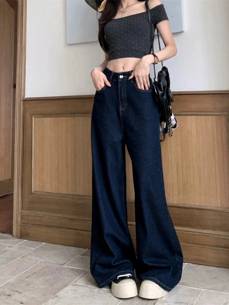 Kumikumi retro washed denim wide-leg pants for women early autumn new high waist slim straight pants mopping pants