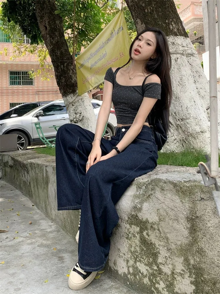 Kumikumi retro washed denim wide-leg pants for women early autumn new high waist slim straight pants mopping pants