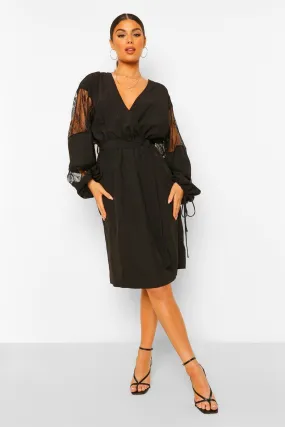 Lace Insert Plunge Wrap Midi Dress