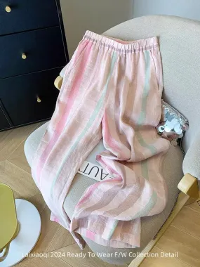 Lai Xiaoqi_Lazy style colorful striped elastic waist wide leg pants for women summer design loose straight casual pants