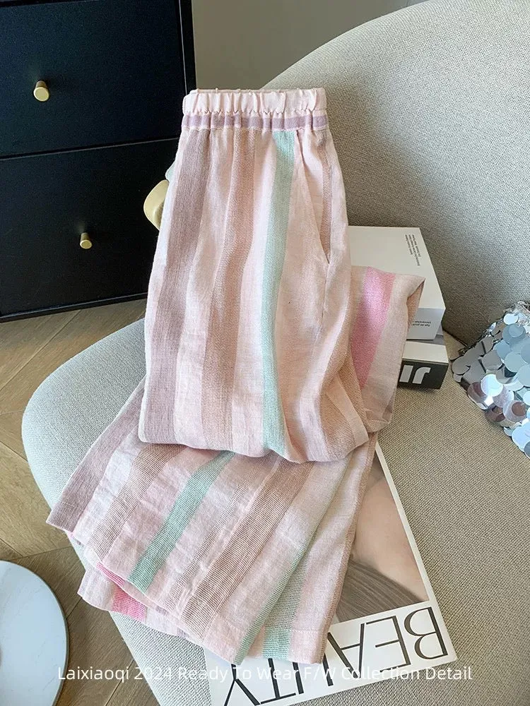 Lai Xiaoqi_Lazy style colorful striped elastic waist wide leg pants for women summer design loose straight casual pants