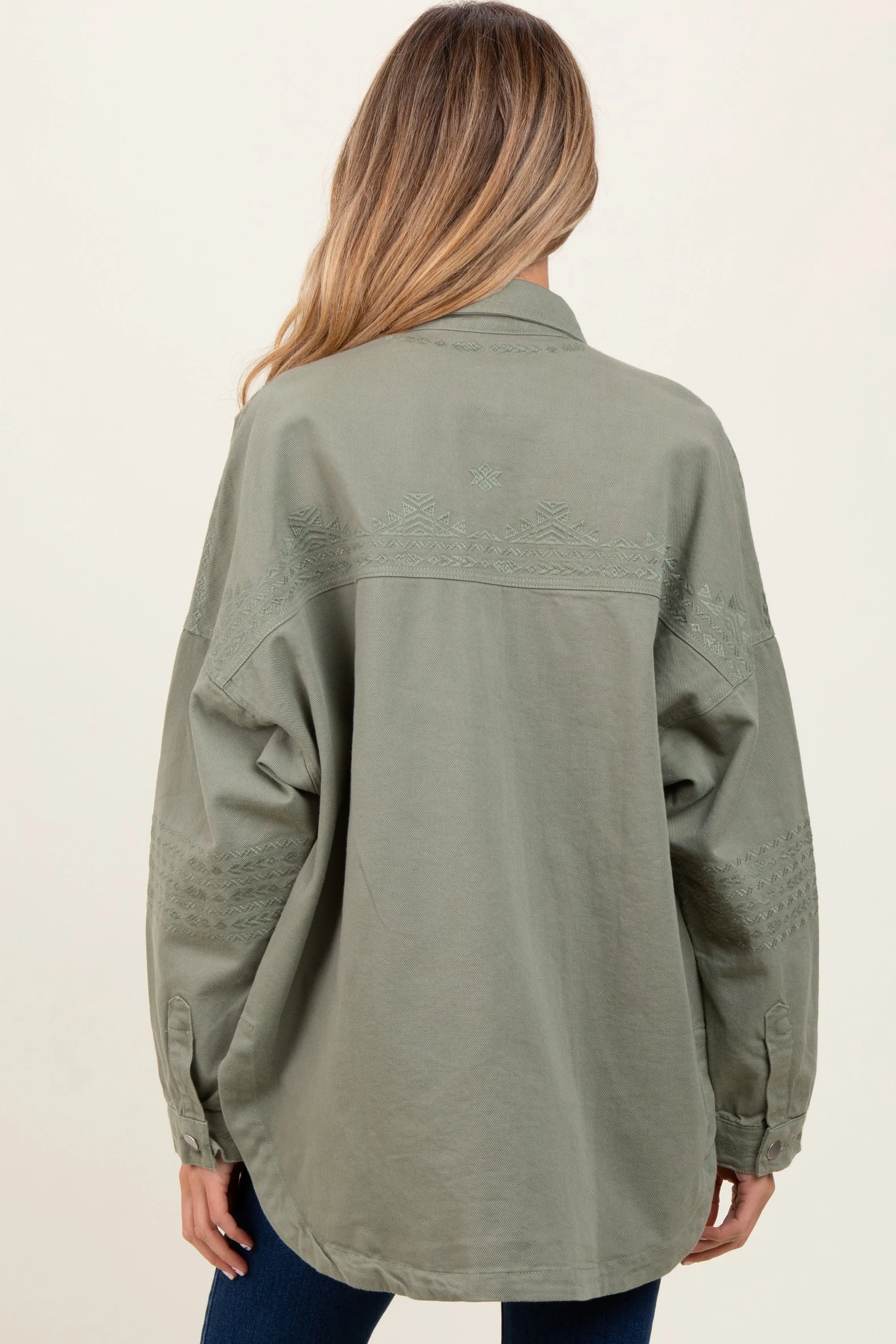 Light Olive Embroidered Snap Button Maternity Shirt Jacket