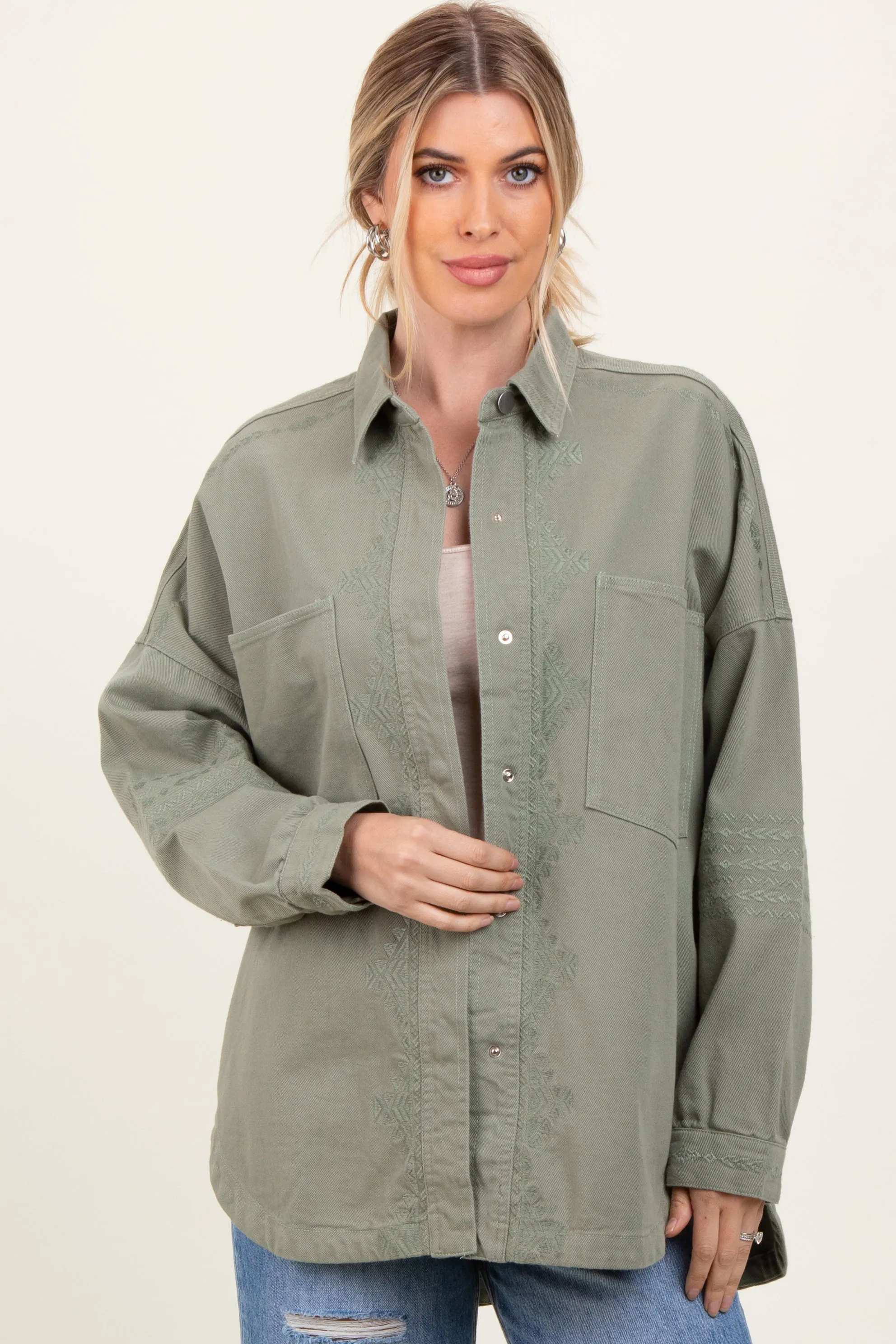 Light Olive Embroidered Snap Button Maternity Shirt Jacket