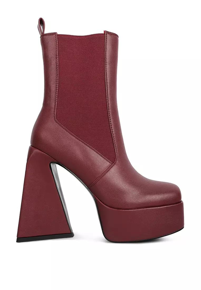 London Rag Burgundy High Platform Block Heeled Chelsea Boot