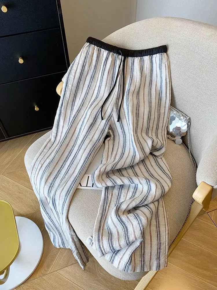 Nanyou’s high-end goods are on clearance and leaked! Lazy Style Striped Drawstring Elastic Waist Wide Leg Pants Women's Summer L