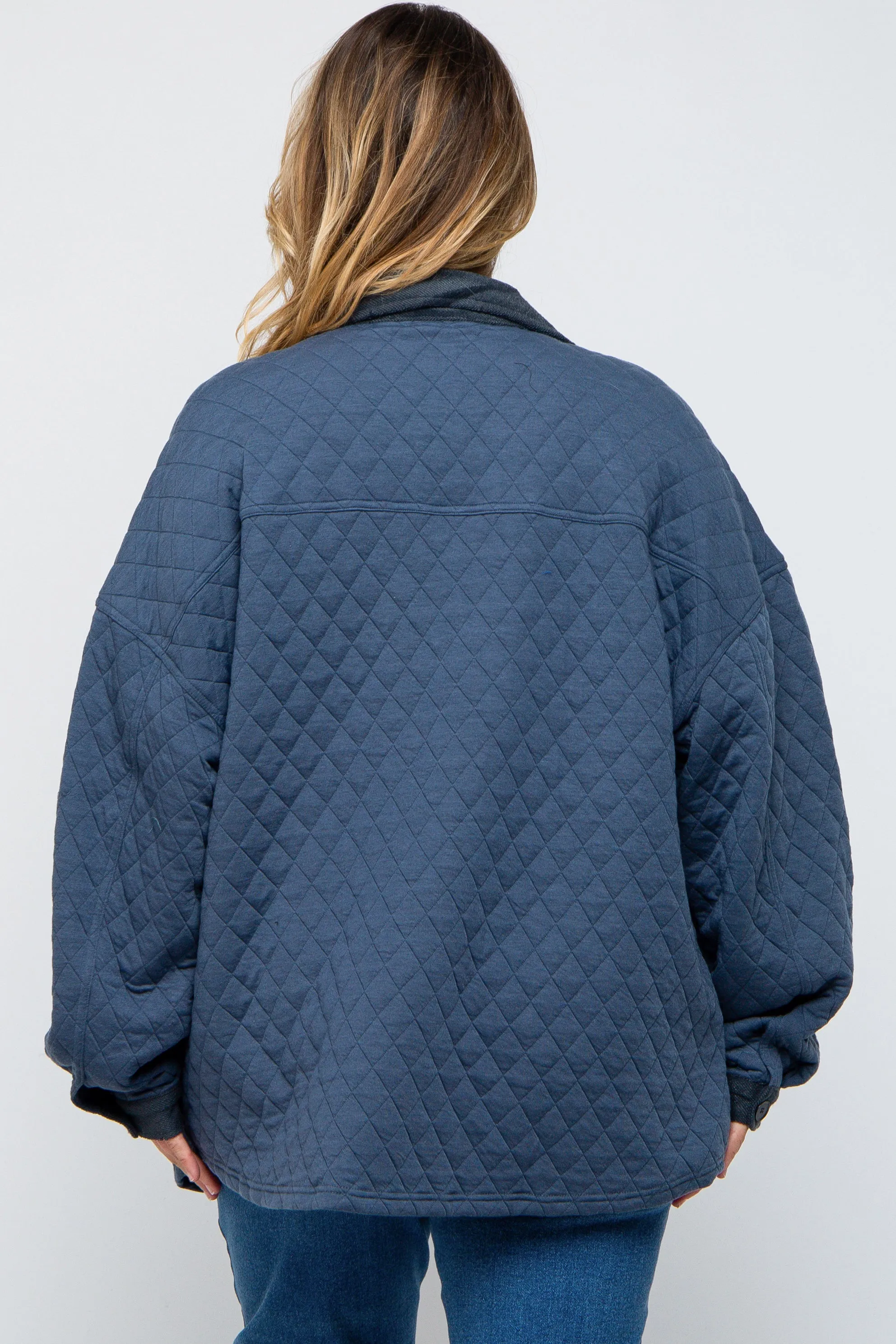 Navy Blue Colorblock Quilted Maternity Plus Shirt Jacket