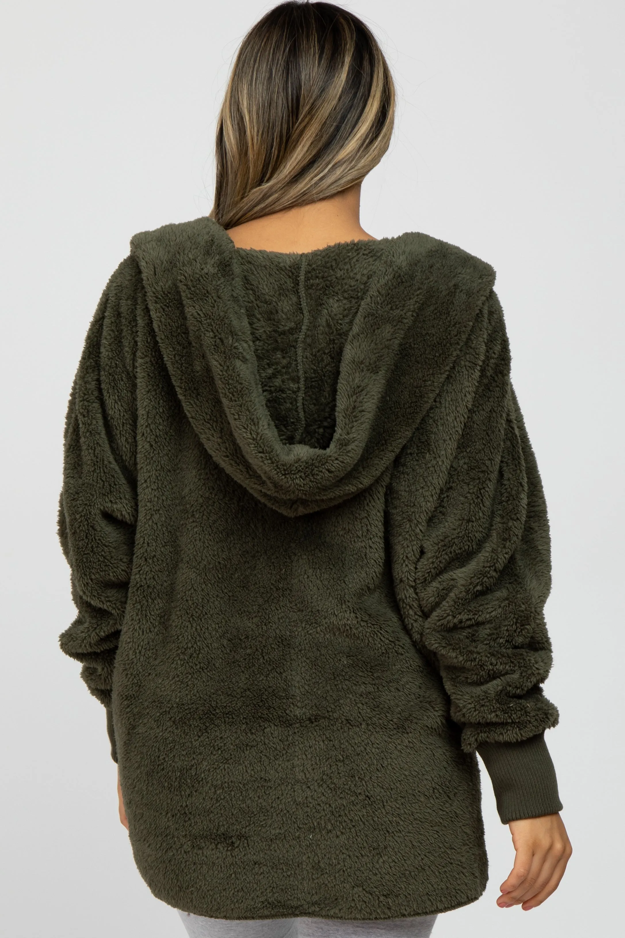 Olive Fuzzy Hooded Long Sleeve Maternity Jacket