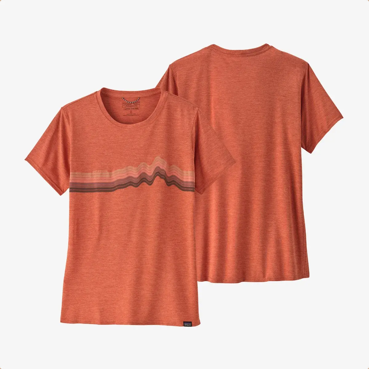 Patagonia Women's Capilene Cool Daily Graphic Shirt Ridge Rise Stripe Quartz Coral X-Dye