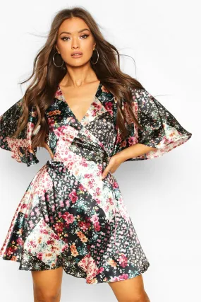 Patchwork Floral Wrap Skater Dress