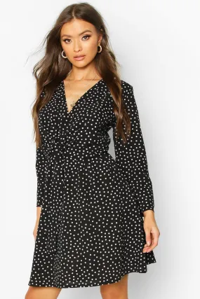 Polka Dot Woven Knot Front Wrap Dress