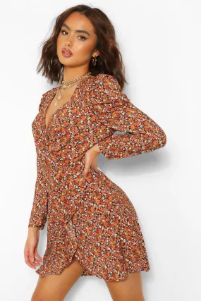 Printed Puff Sleeve Wrap Tea Dress